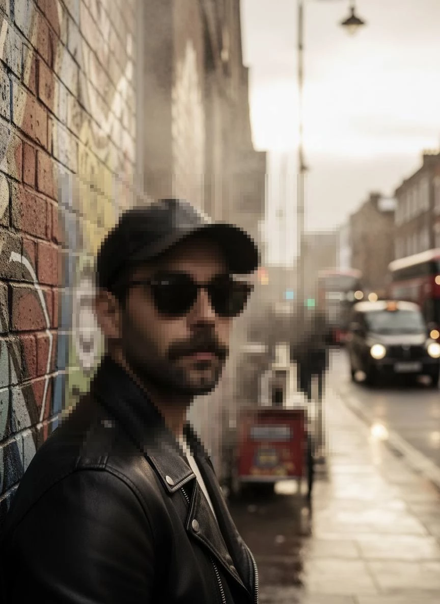 Urban Street Portrait of a Man in Leather Jacket and Sunglasses