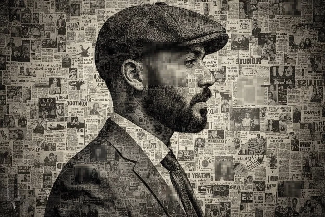 Vintage artistic portrait of a man in flat cap blended with old newspaper collage