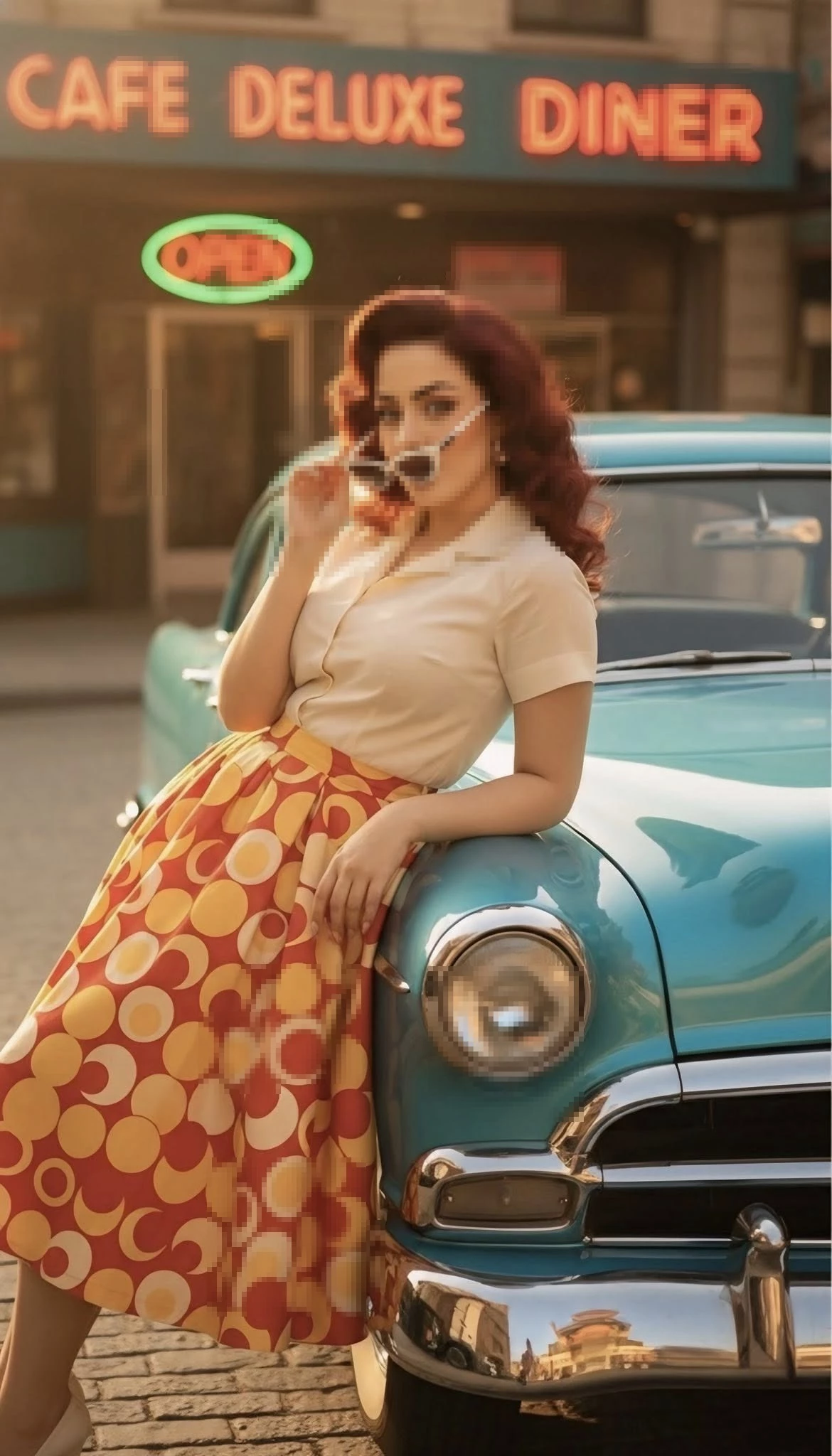Vintage Retro Look with Classic Car and Diner Neon Lights