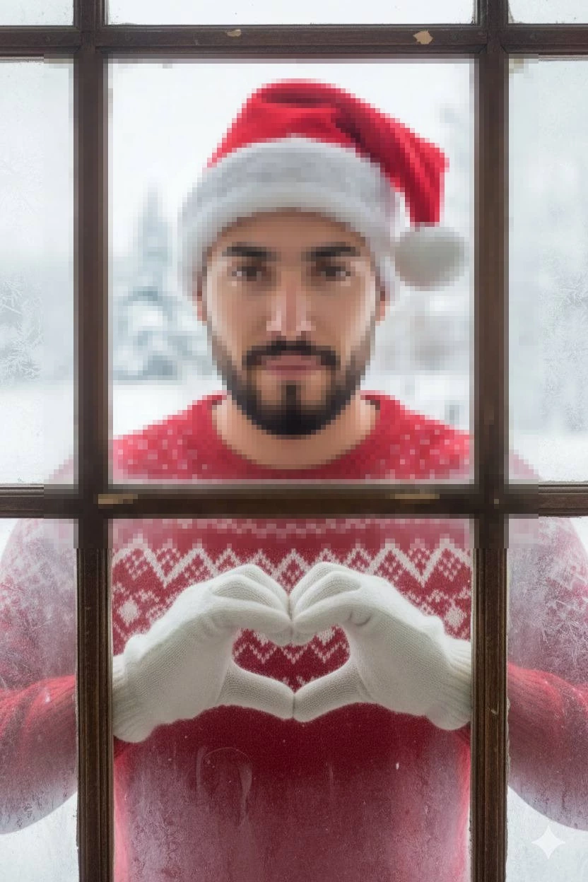 Warm Christmas Portrait Behind Frosted Window with Heart-Shaped Hand Gesture