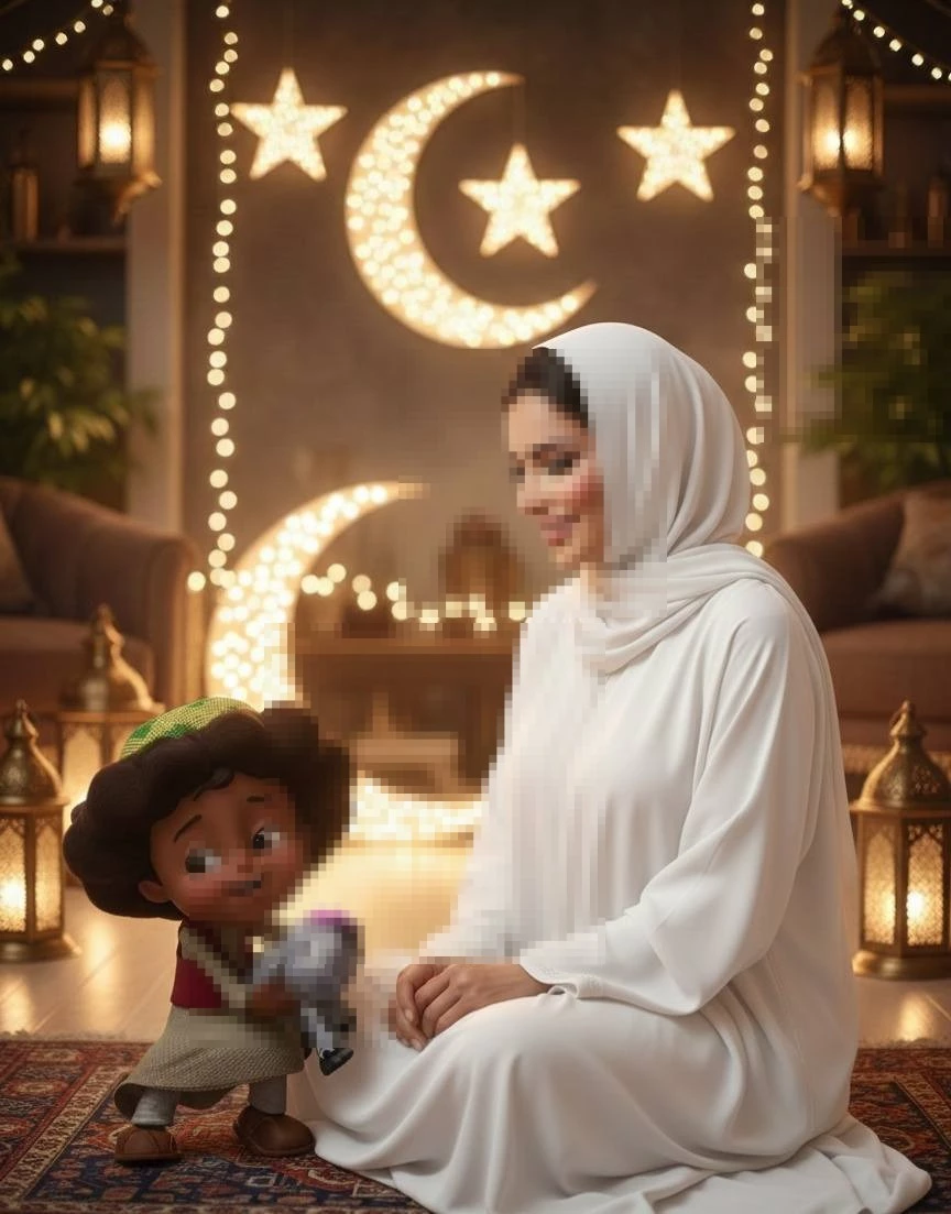 Warm Ramadan Family Moment with Crescent Lights and Traditional Decor
