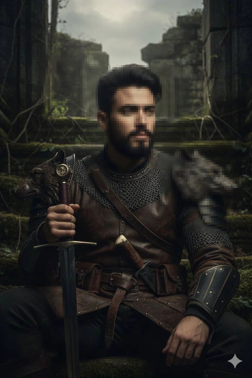 Warrior sitting in ancient mossy ruins wearing detailed armor and holding a sword