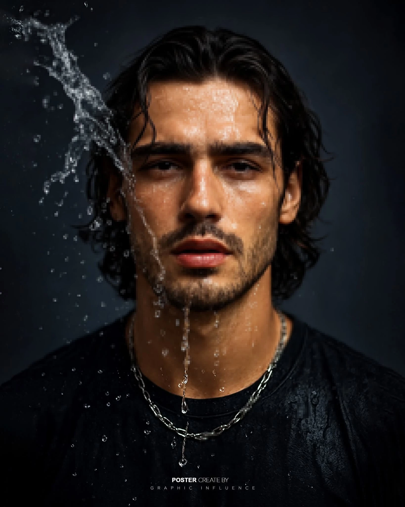 Wet man with dark hair wearing black shirt and silver chain under water splash