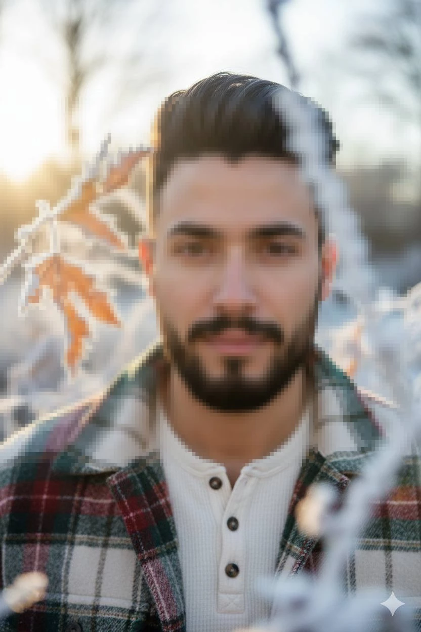 Winter Portrait of a Man in Frosty Nature with Warm Sunlight Glow