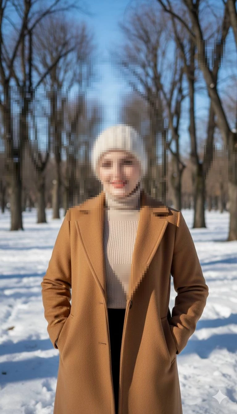 Winter portrait of a woman in a camel coat and cream beanie on a snowy pathway
