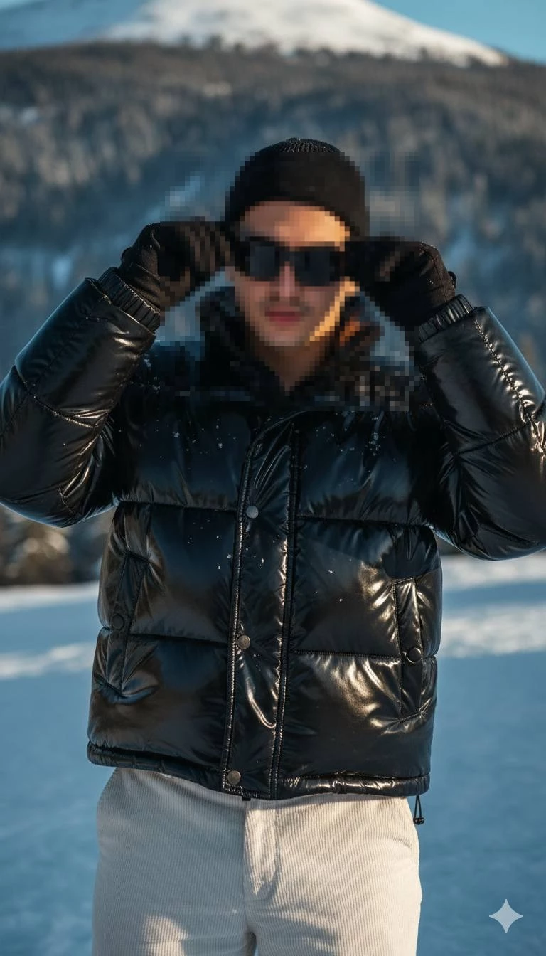 Winter Street Style: Man in Black Puffer Jacket Adjusting Sunglasses in Snow