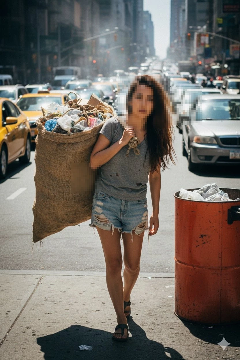 Woman Carrying Recyclables Walking Through Busy City Street in Summer Heat