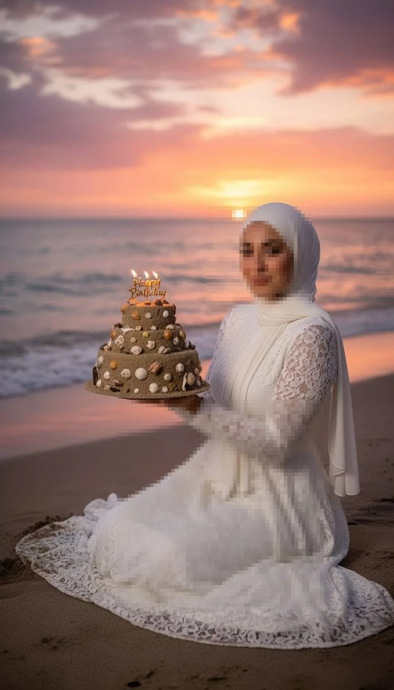 Woman Celebrating Birthday on the Beach at Sunset with Sand Cake