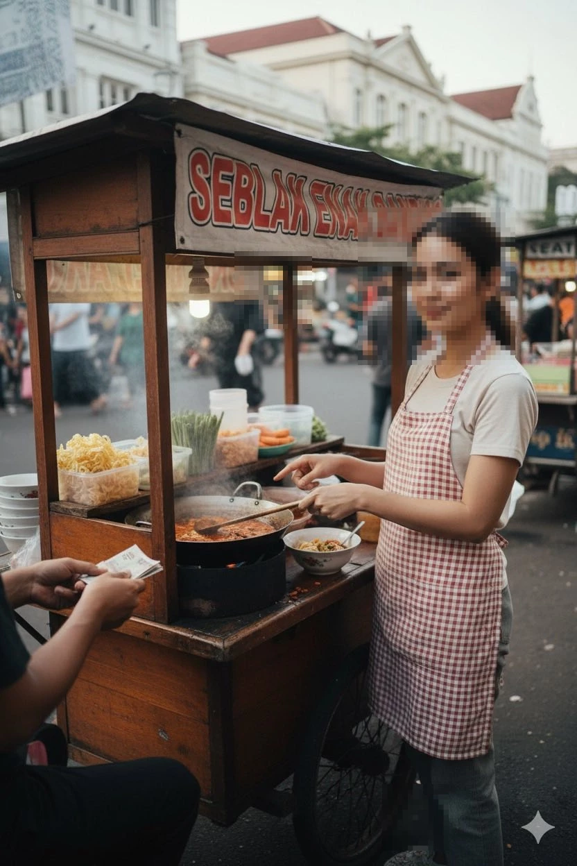 Woman Cooking Traditional Street Food at Indonesian Market Stall
