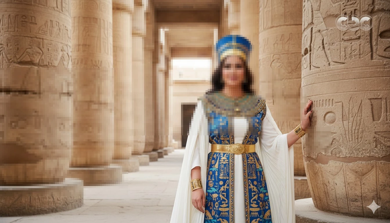 Woman dressed as Egyptian queen standing among ancient temple columns