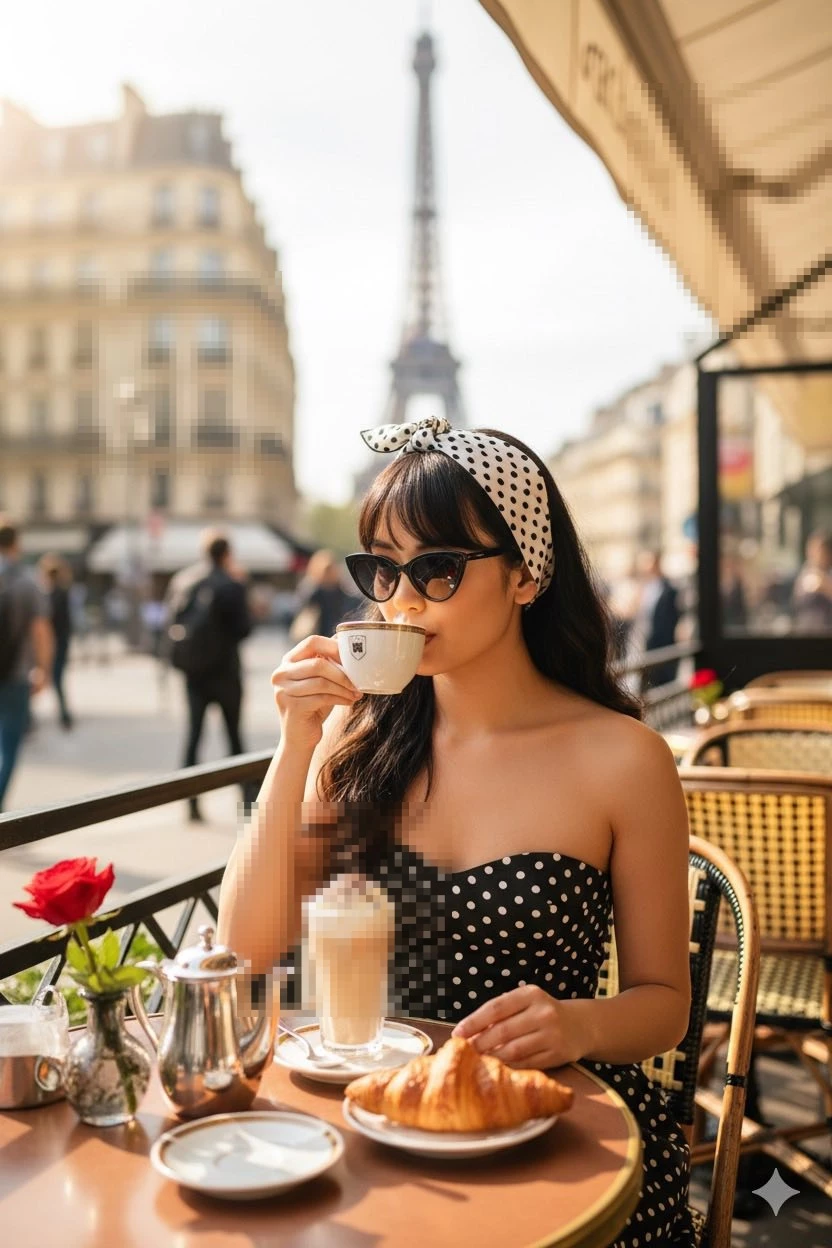 Woman Enjoying Coffee at Paris Cafe with Eiffel Tower in the Background