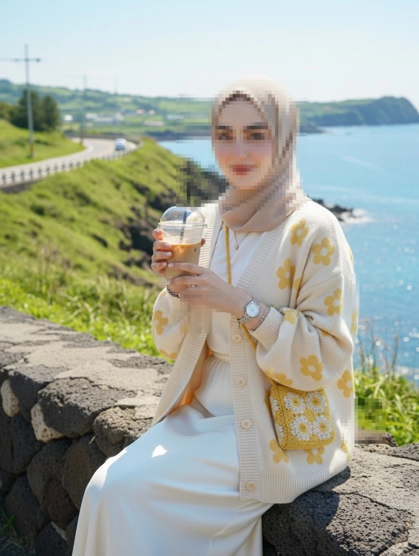 Woman enjoying iced coffee by the seaside in beige hijab and floral cardigan