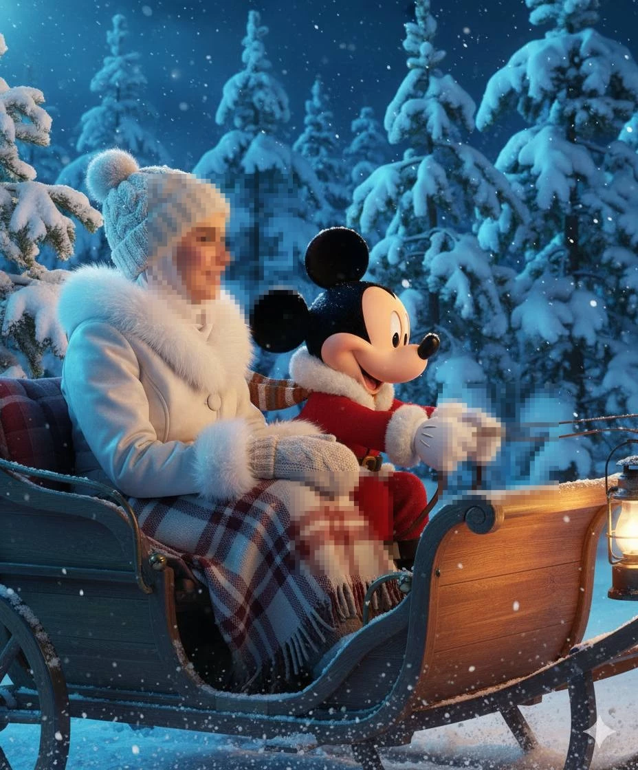 Woman enjoying snowy sleigh ride with Mickey Mouse in magical winter forest