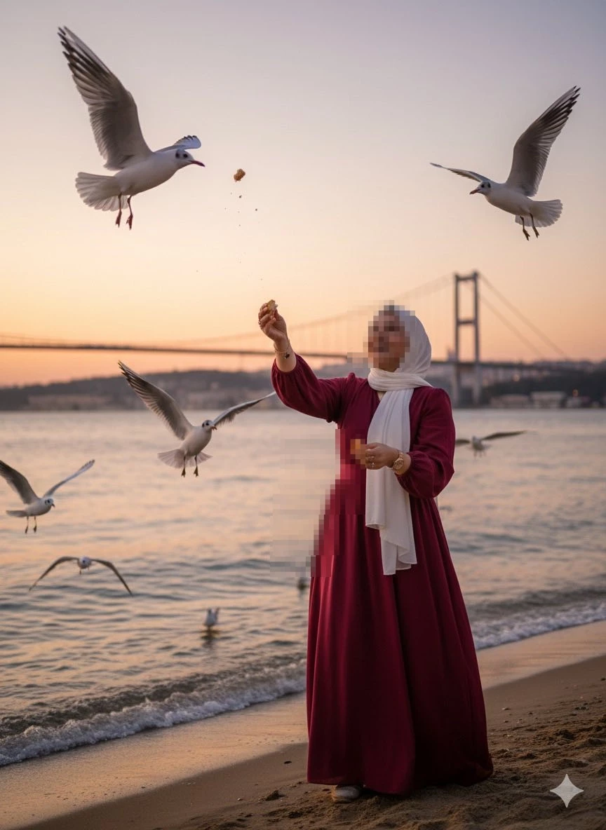 Woman Feeding Seagulls on the Beach at Sunset Near a Suspension Bridge