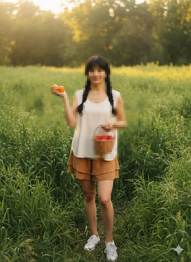 Woman holding basket of apples in sunny green field during golden hour