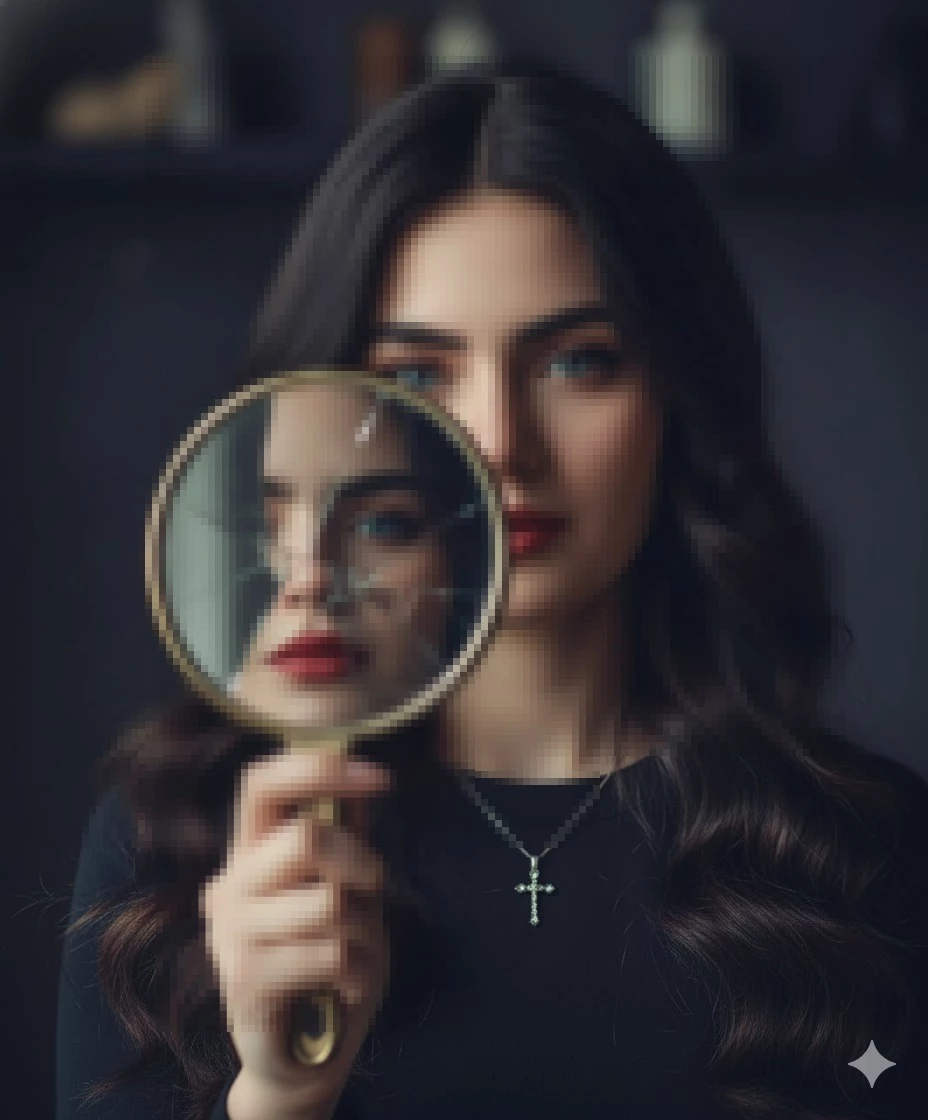 Woman holding broken mirror reflecting her face wearing black outfit and cross necklace