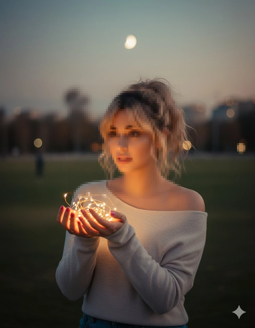 Woman holding glowing fairy lights under the evening sky with the moon behind her