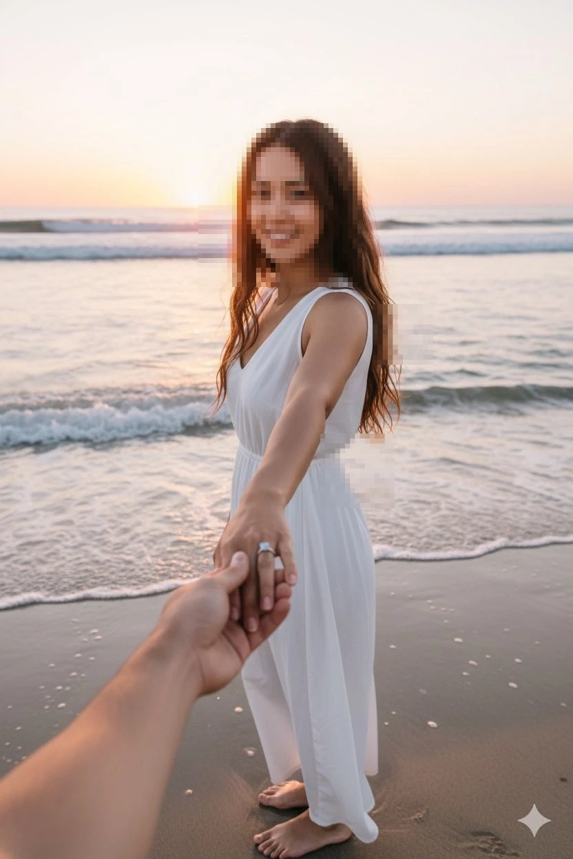 Woman Holding Hand on Beach at Sunset in White Dress