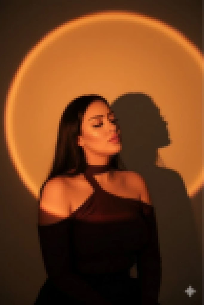 Woman in Artistic Golden Light Halo Wearing Elegant Maroon Top