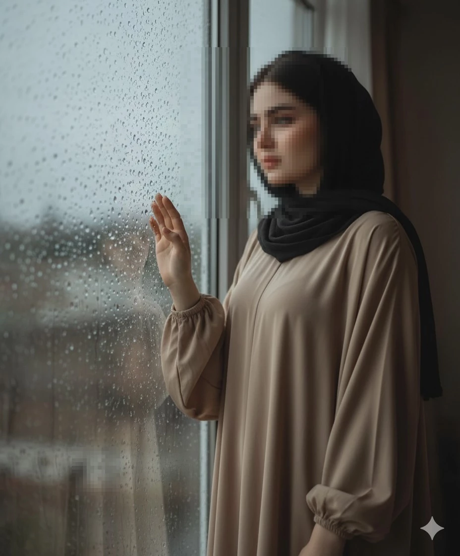 Woman in beige dress and black hijab looking out rainy window thoughtfully