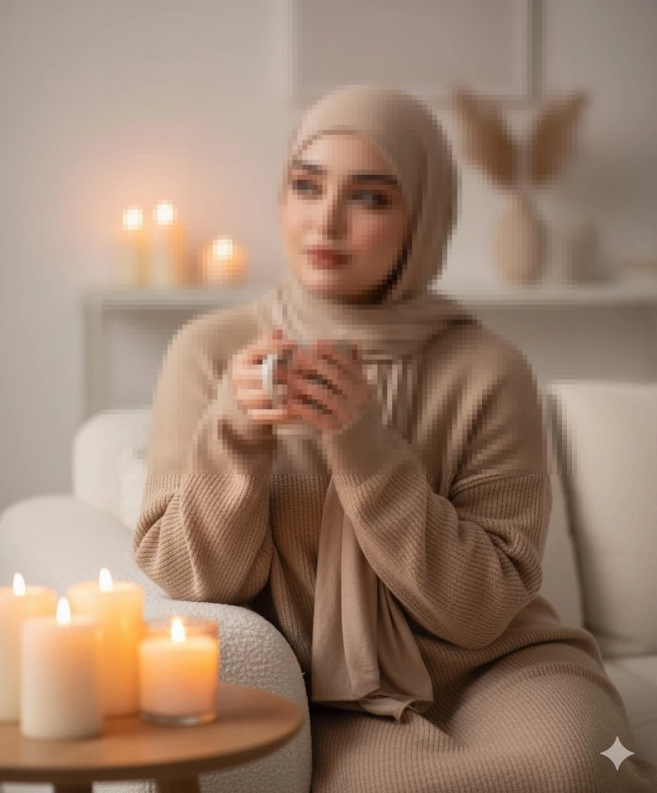 Woman in beige hijab enjoying a warm drink in a cozy candle lit living room