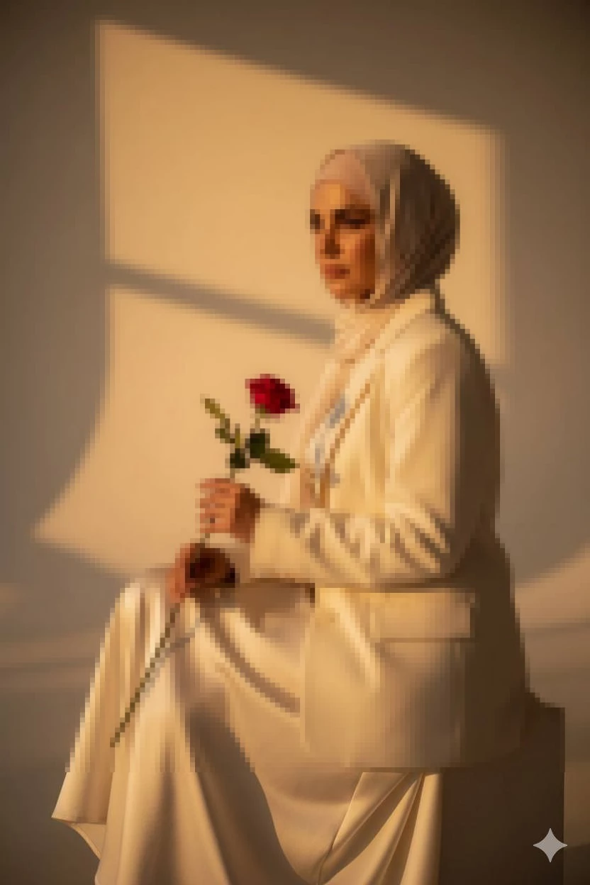Woman in Beige Hijab Holding Red Rose in Warm Golden Sunlight