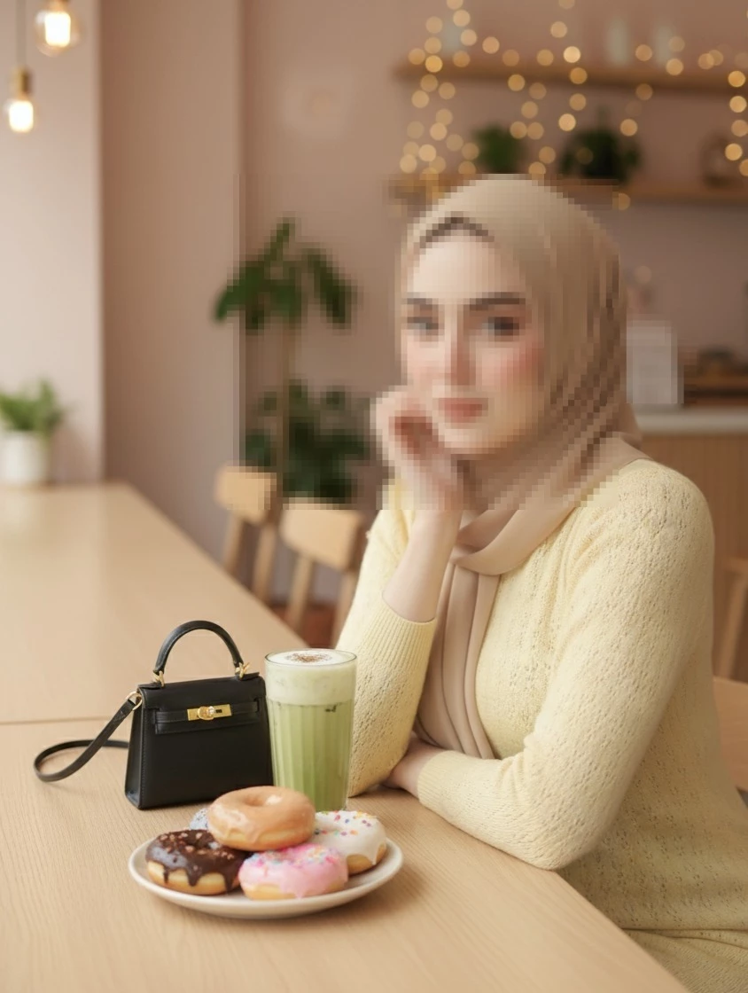 Woman in Beige Hijab Sitting at Café Table with Donuts and Matcha Latte