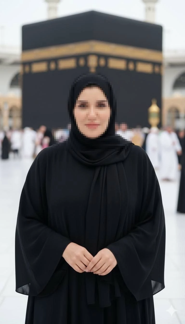 Woman in Black Abaya at Kaaba in Makkah During Islamic Pilgrimage