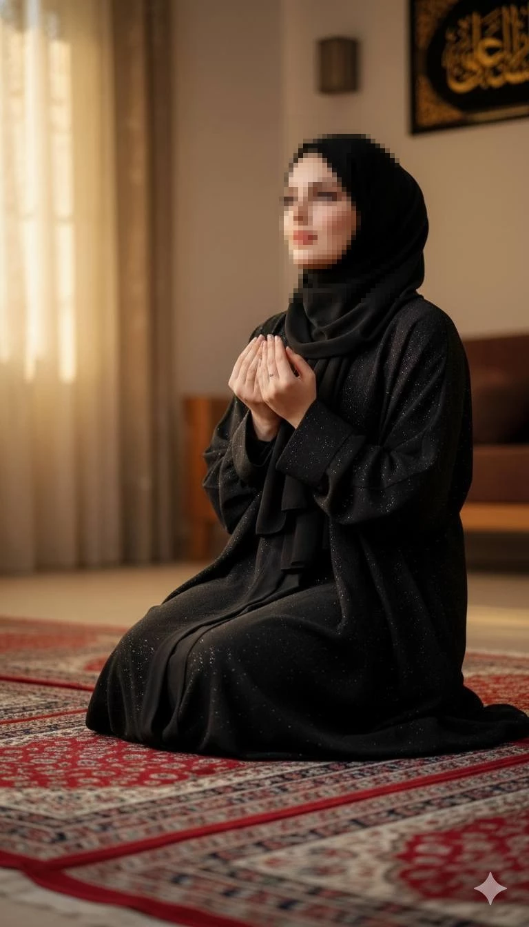 Woman in black abaya praying on a patterned rug in a softly lit room