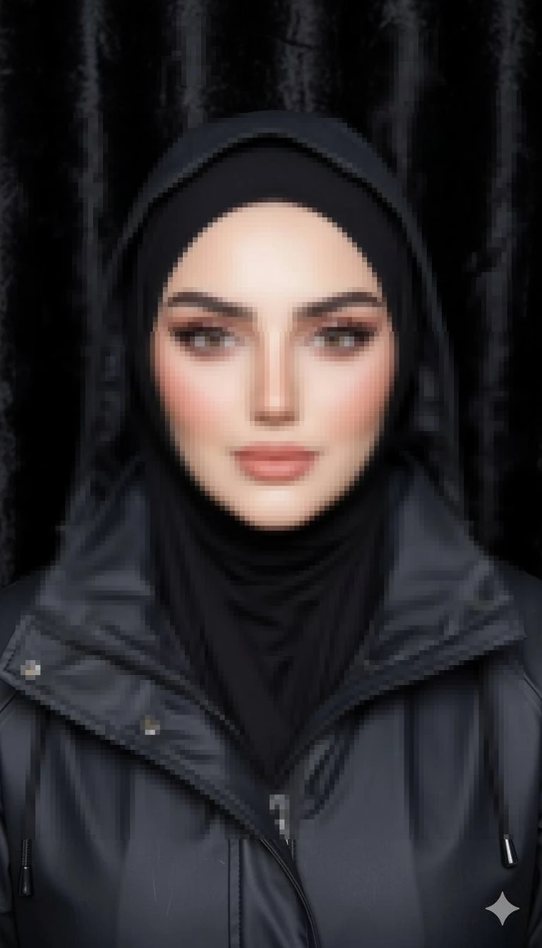 Woman in black hijab and hooded jacket posing for a professional studio portrait