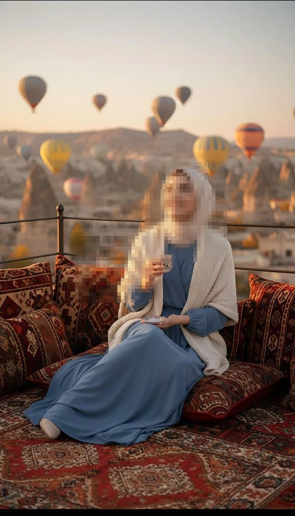 Woman in Blue Dress Enjoying Tea with Hot Air Balloons at Sunrise