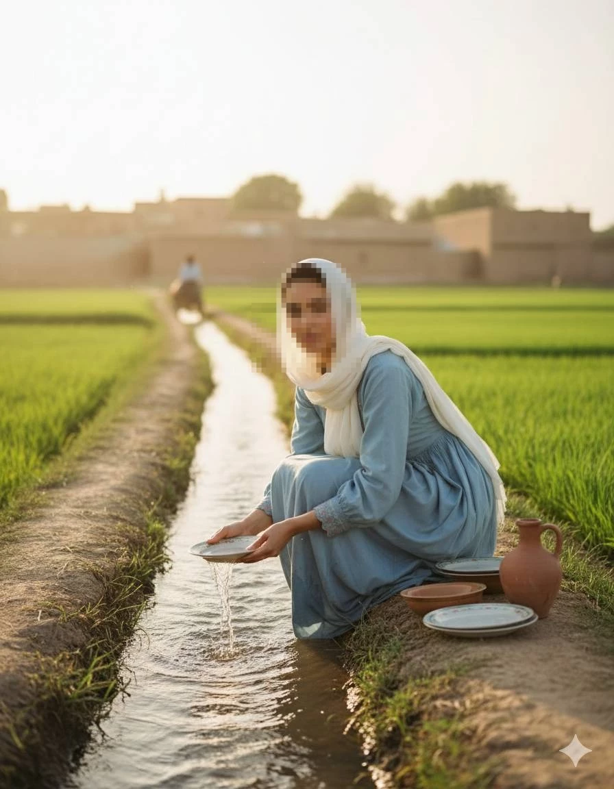 Woman in blue dress washing dishes by irrigation canal in green village fields