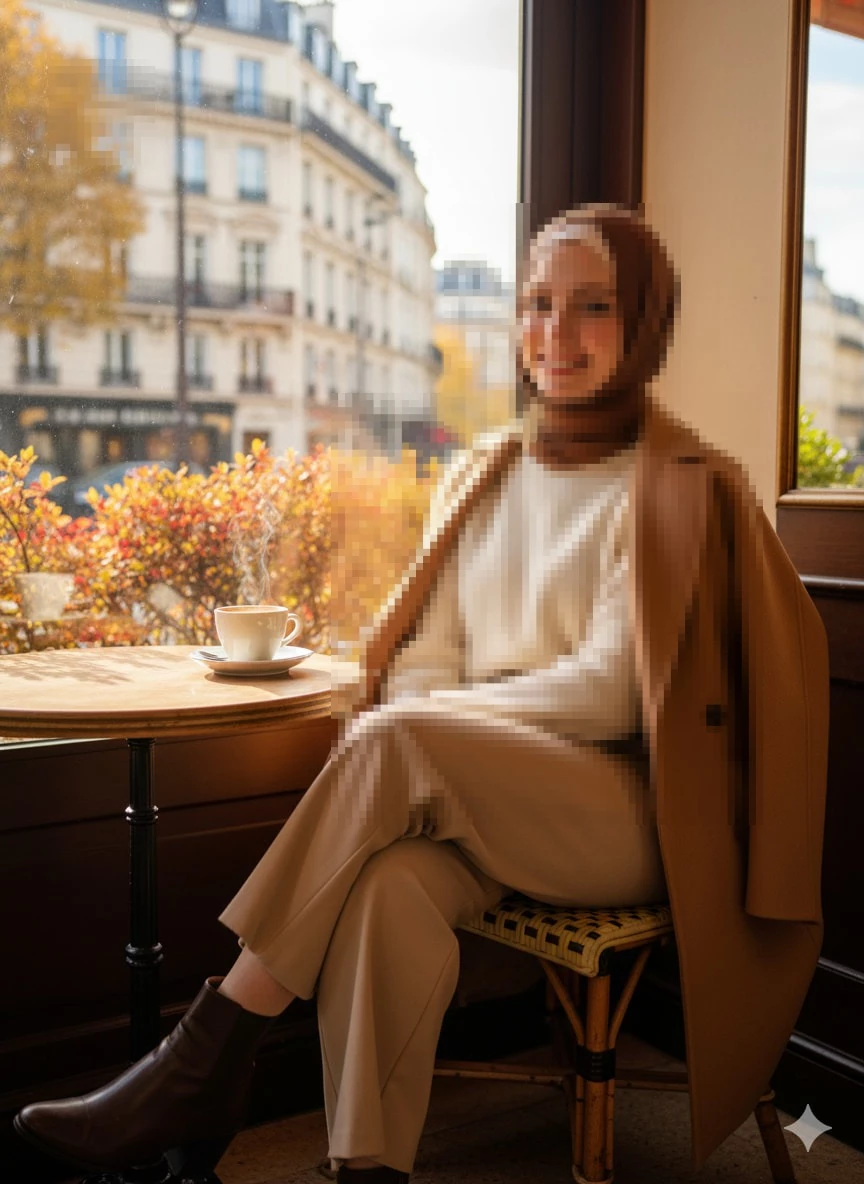 Woman in brown hijab enjoying coffee at cozy cafe on a sunny autumn day
