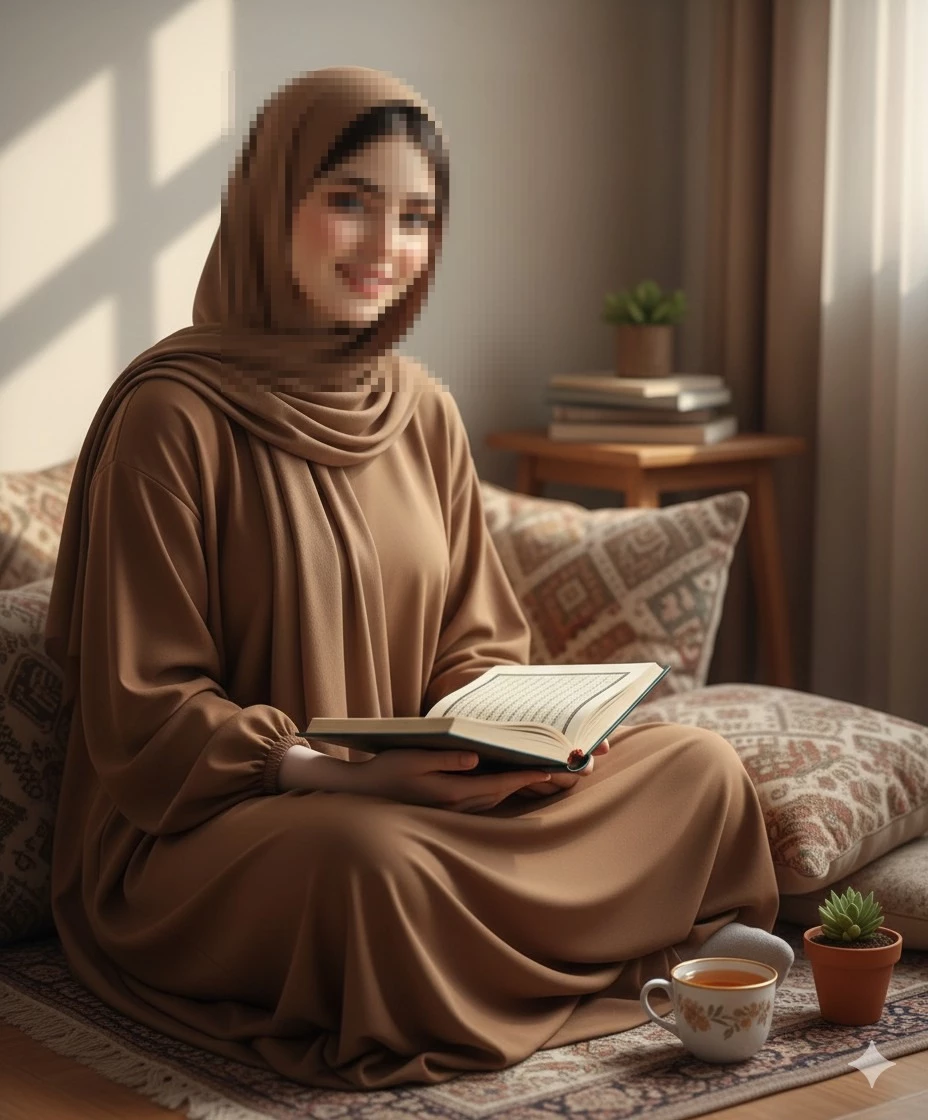 Woman in brown hijab reading book peacefully in cozy sunlit room