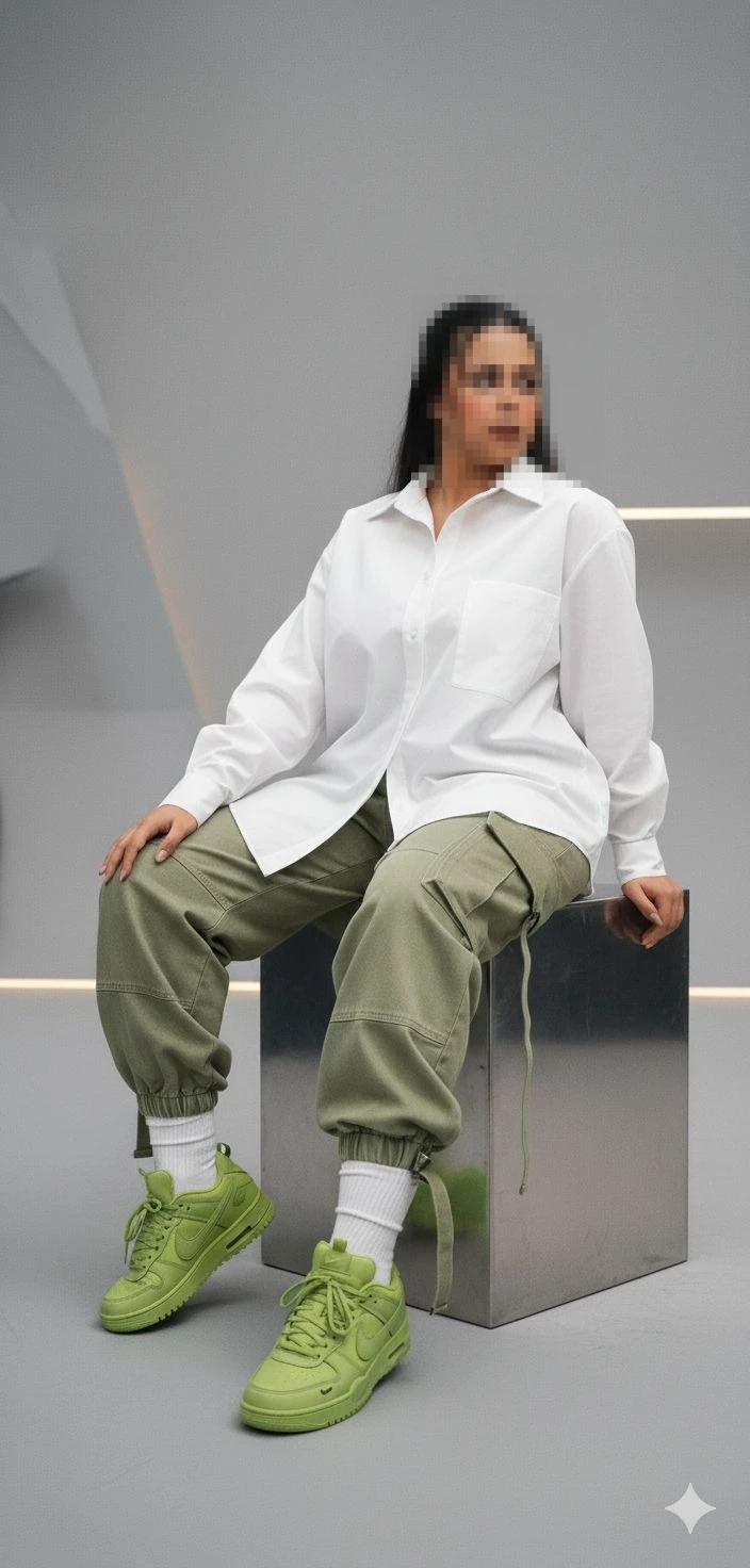 Woman in casual streetwear with white shirt and green sneakers sitting in modern studio