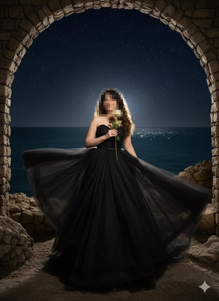 Woman in elegant black gown holding a white rose under a starlit night sky