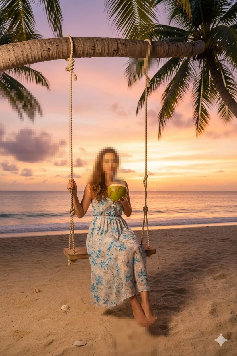 Woman in floral dress relaxing on beach swing with coconut at sunset
