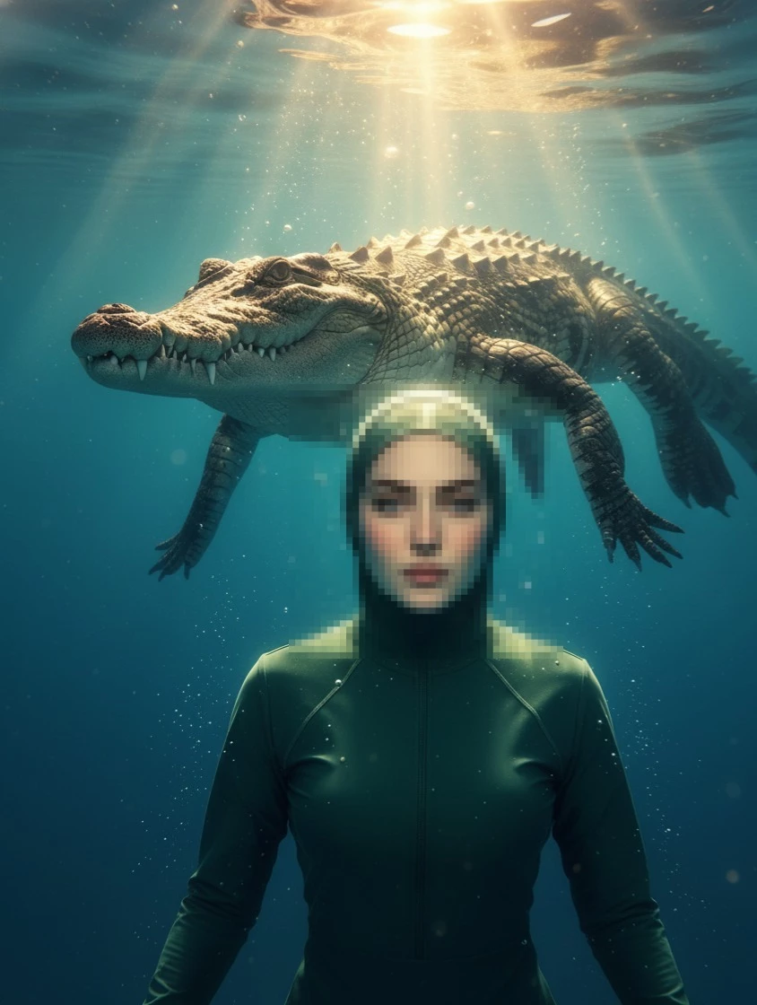 Woman in green diving suit underwater with crocodile and golden sunlight rays
