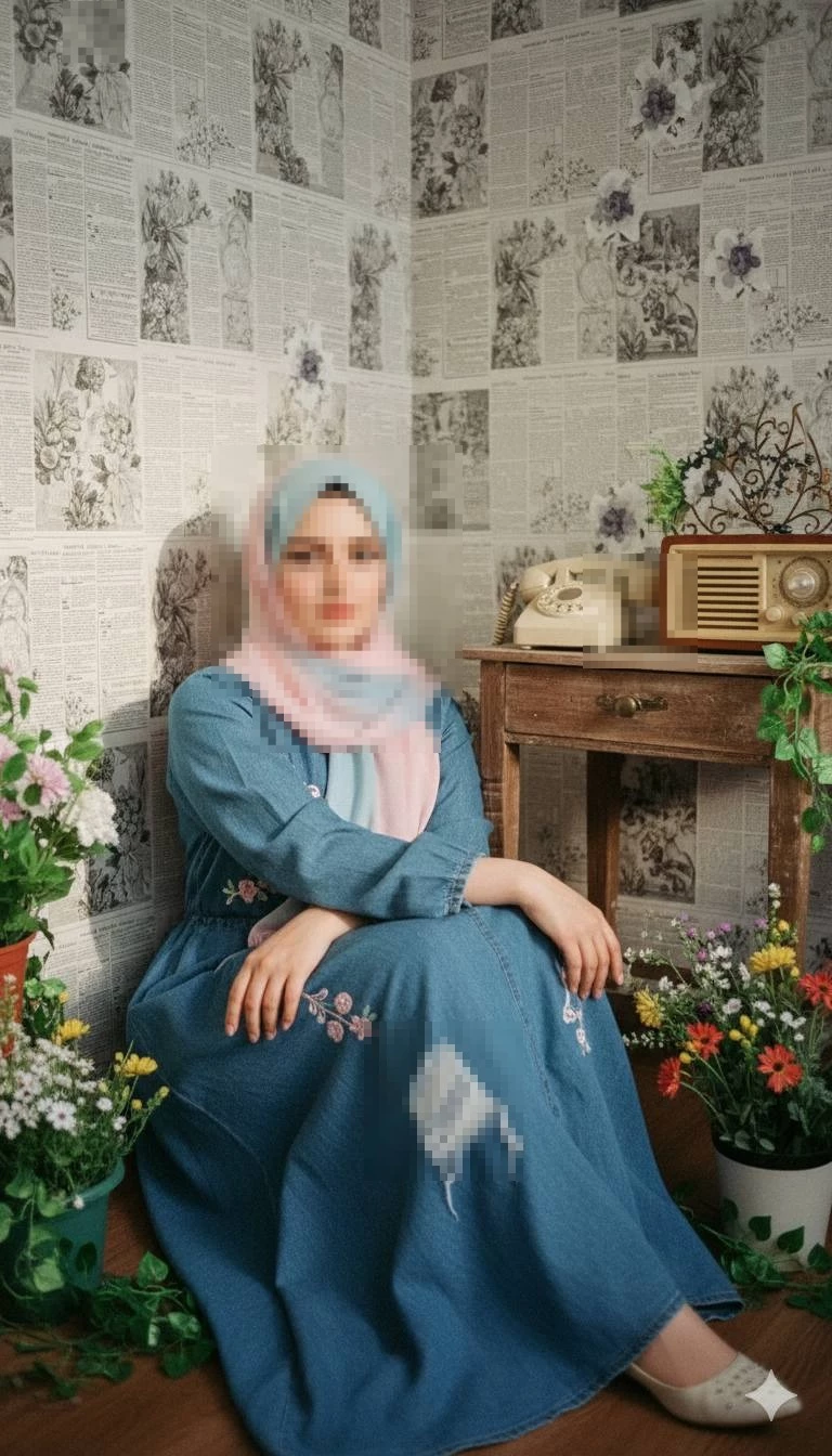 Woman in Pastel Hijab and Denim Dress Sitting in Vintage Floral Room