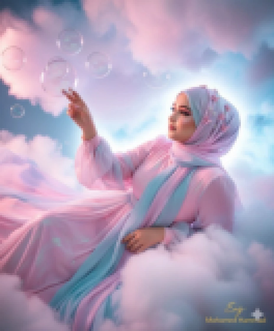 Woman in pastel pink and blue dress reaching for bubbles in dreamy cloud scene