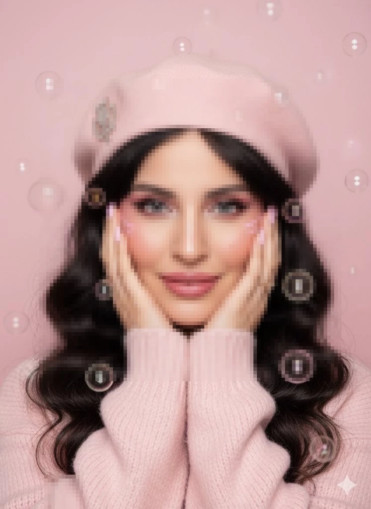 Woman in pink beret and sweater posing with bubbles on soft pastel background