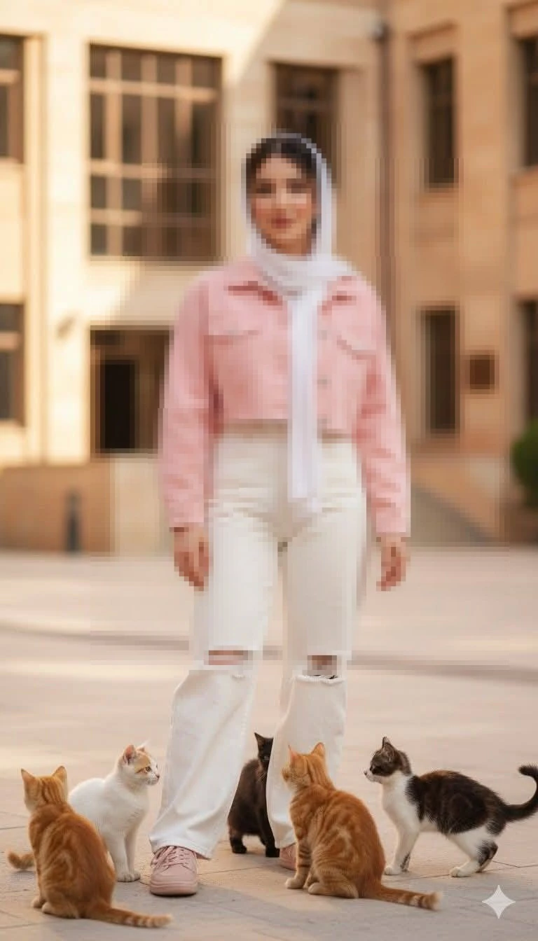 Woman in pink jacket surrounded by playful kittens in a sunny courtyard