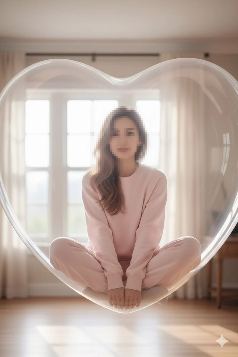 Woman in pink loungewear sitting calmly inside a transparent heart bubble
