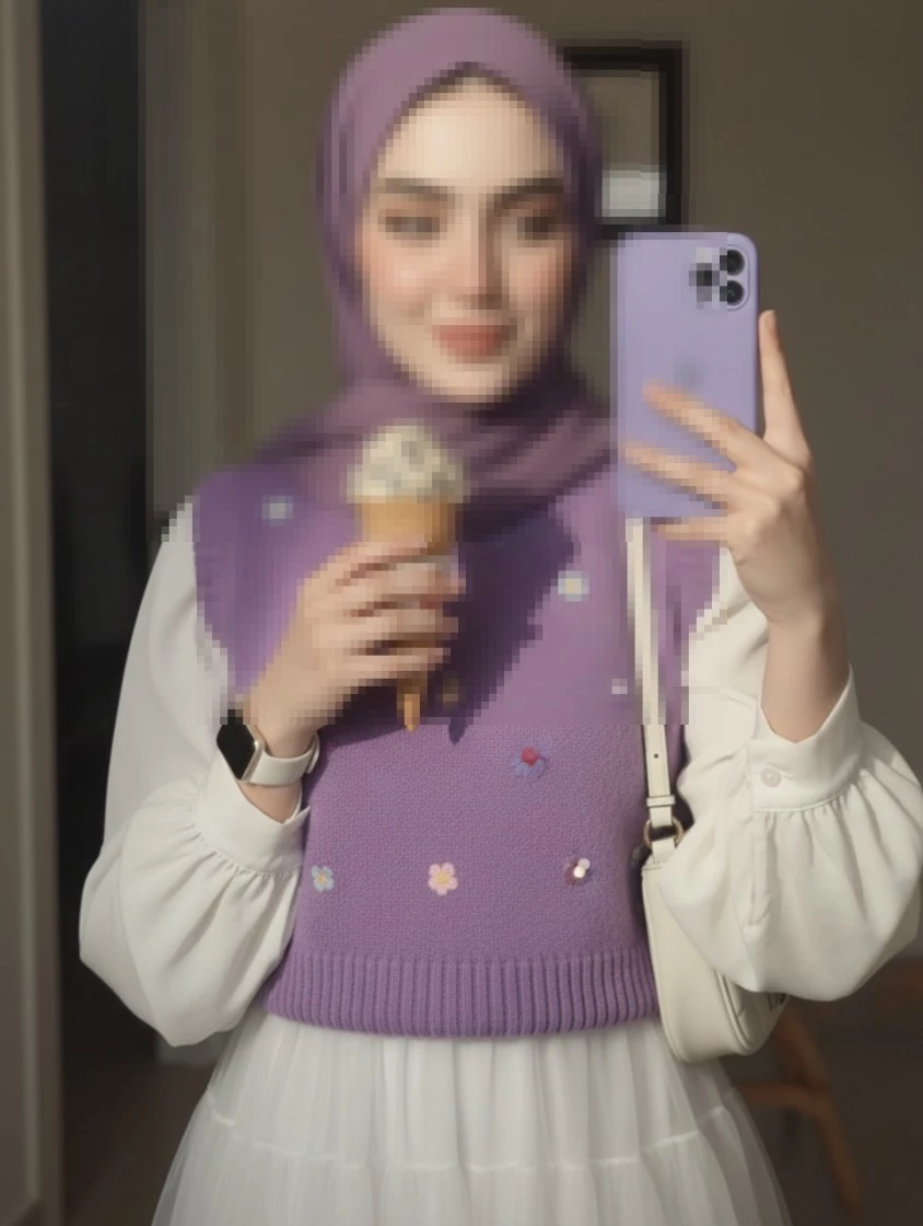Woman in Purple Hijab Taking Mirror Selfie While Holding Ice Cream Cone