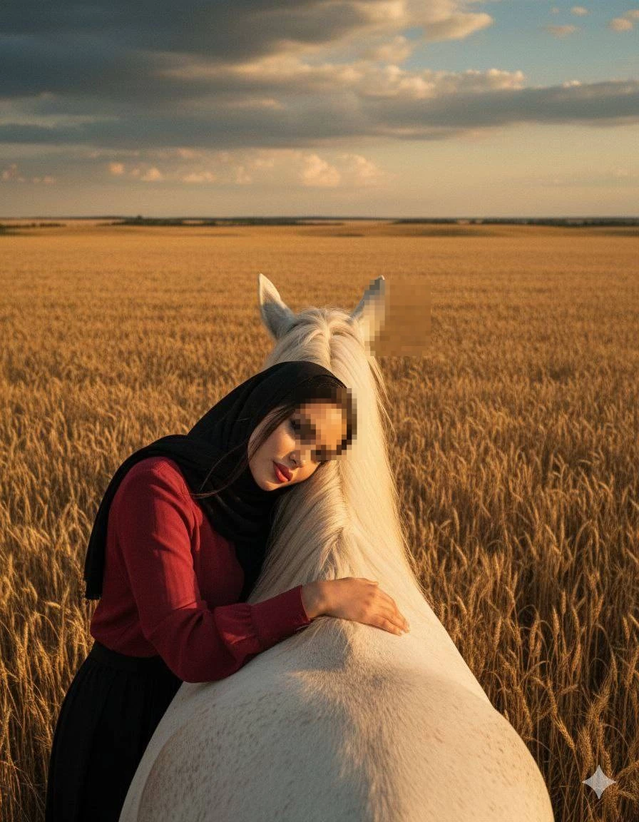 Woman in red blouse and black hijab embracing white horse in golden wheat field