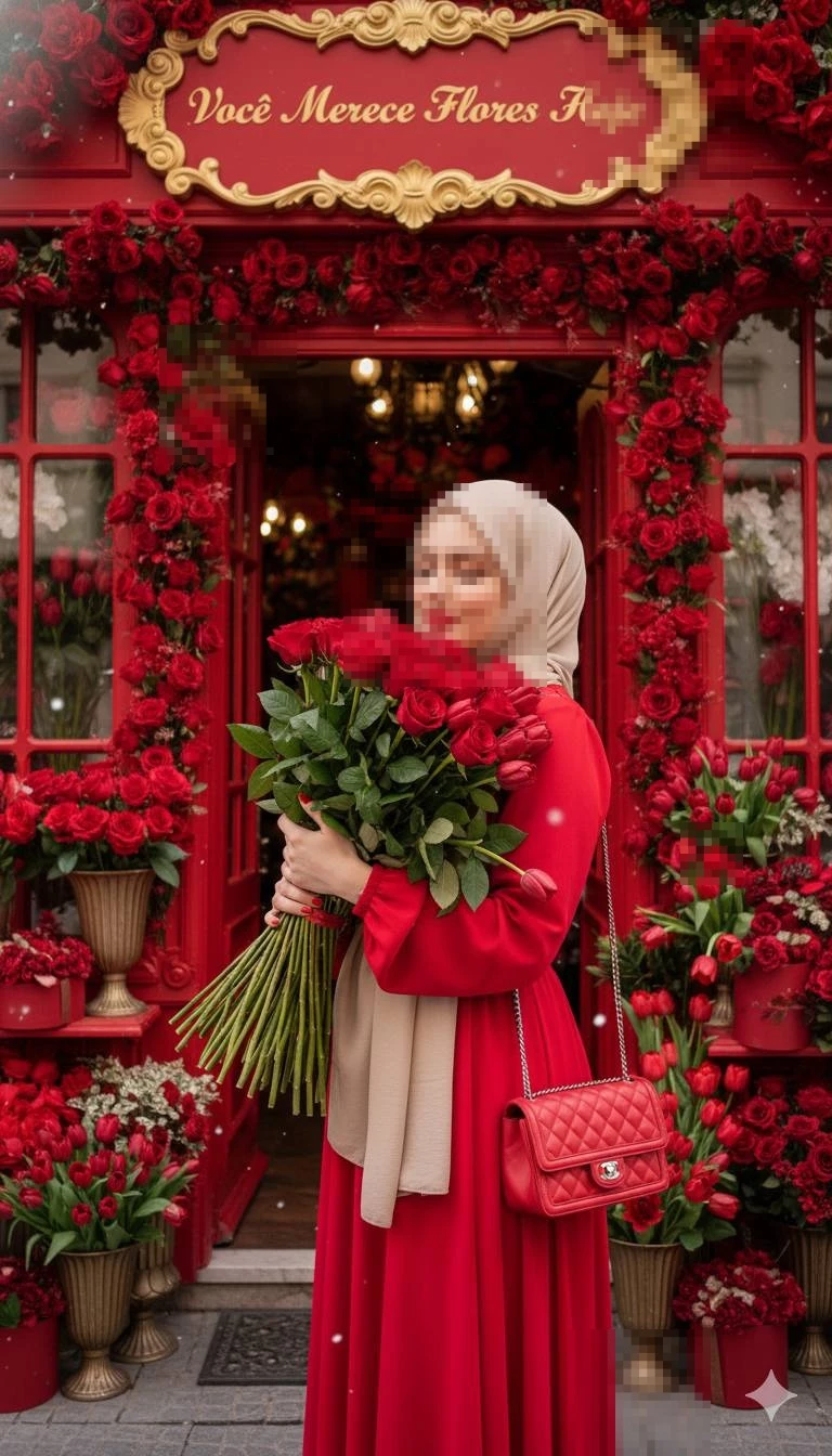 Woman in red dress holding bouquet of roses in front of a flower shop