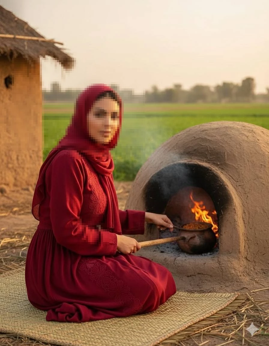Woman in red hijab cooking beside traditional clay oven in rural countryside