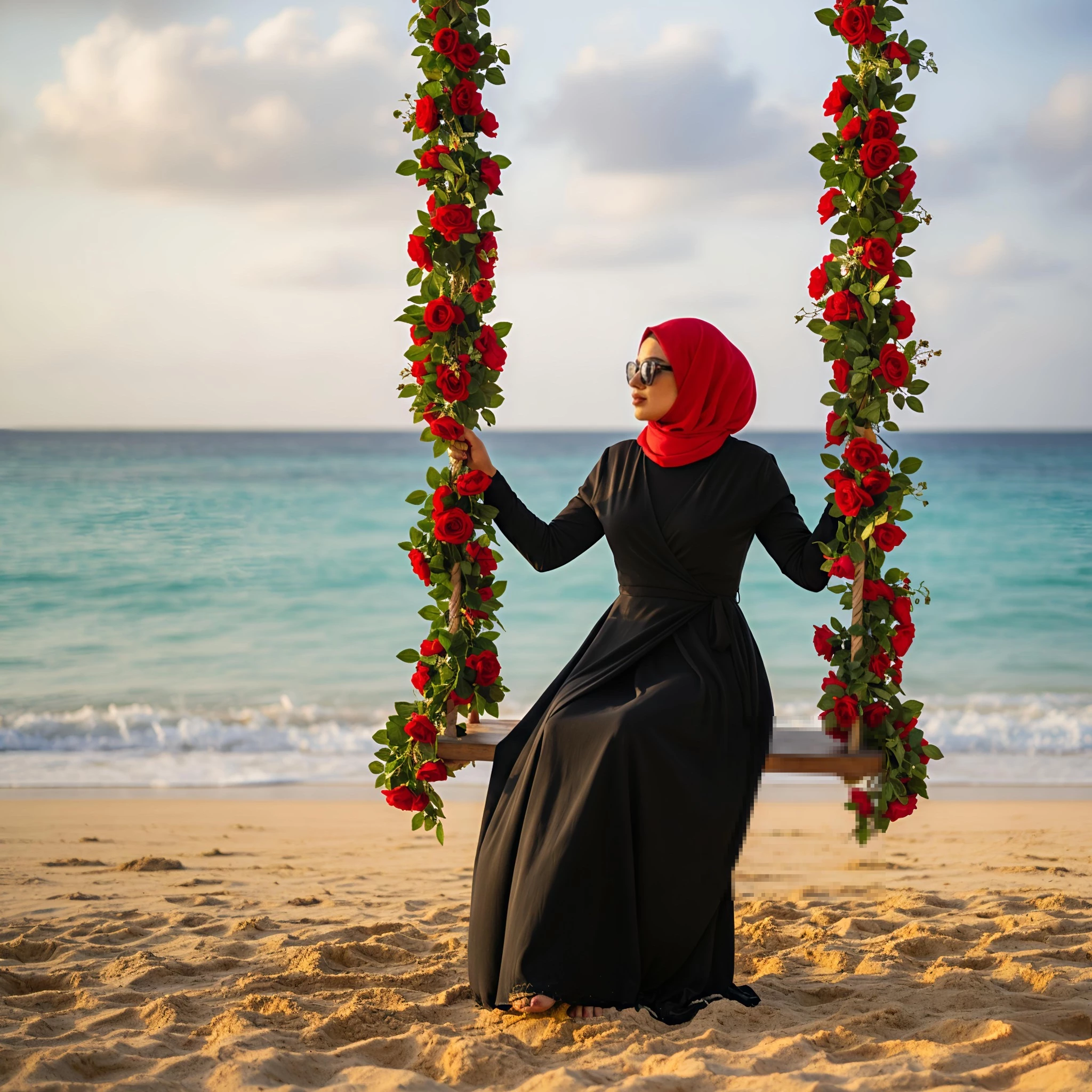 Woman in Red Hijab Sitting on Floral Swing by the Sea at Sunset
