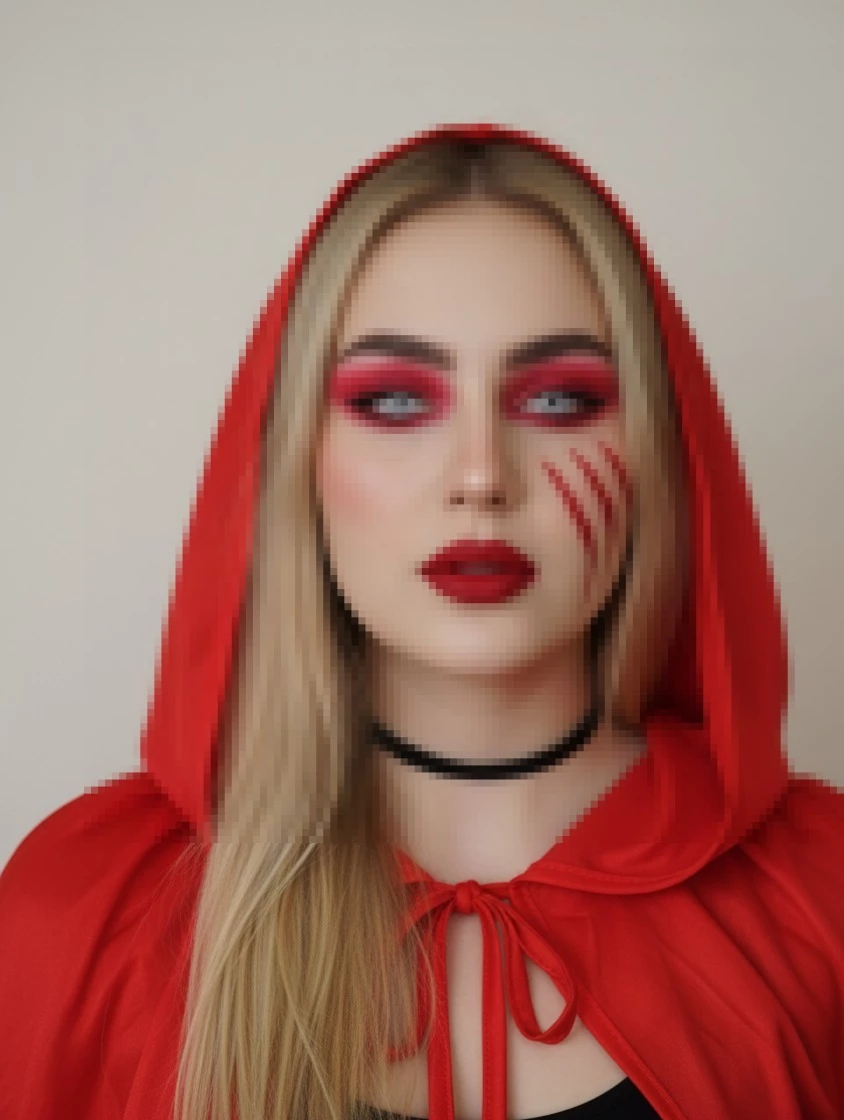 Woman in Red Hood with Bold Makeup and Claw Marks on Her Cheek