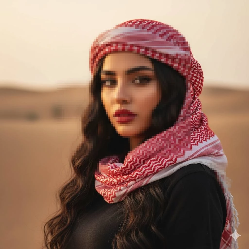 Woman in Red Keffiyeh Posing Elegantly in the Desert at Golden Hour